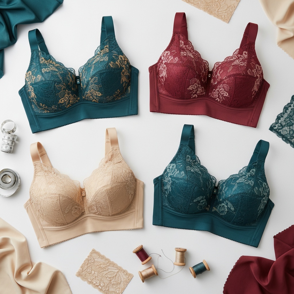 Four wireless full coverage bras in deep teal, ruby wine, champagne, and golden amber colors designed for DD-P cups