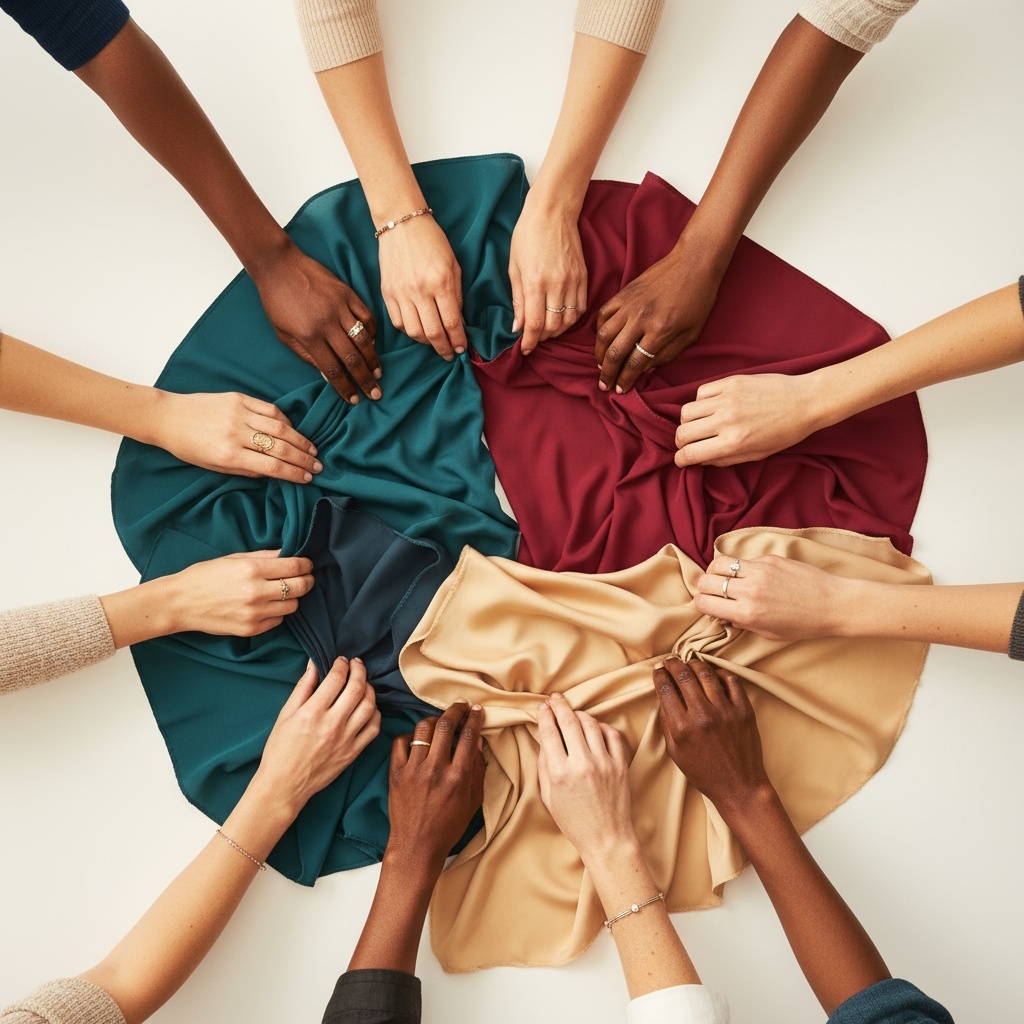 Diverse women's hands holding wireless bras in teal, ruby wine, and champagne colors