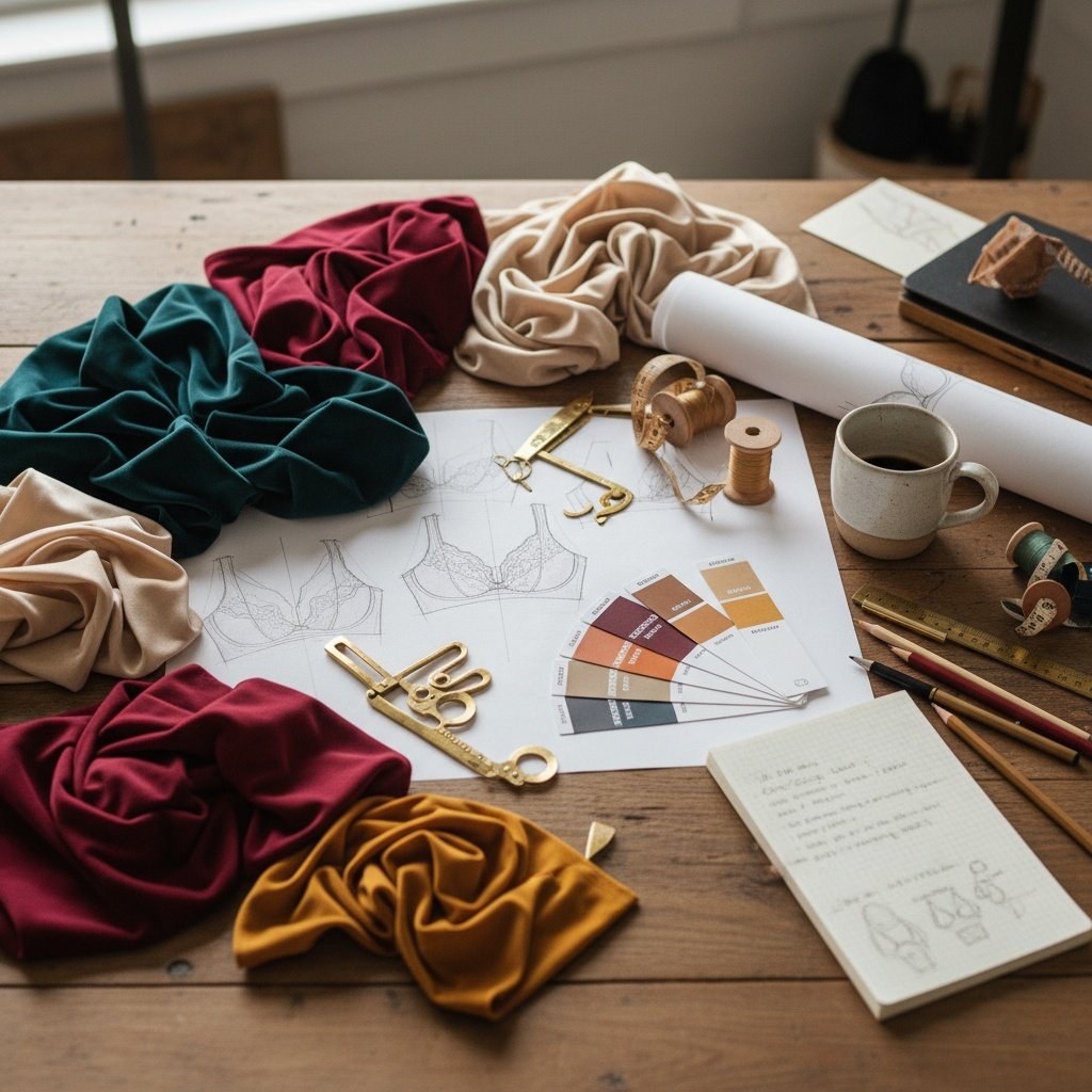 Busty & Beyond design workspace with fabric swatches, sketches, and bra materials in brand colors
